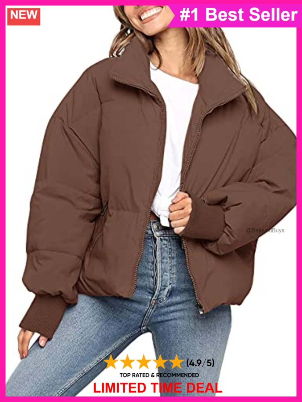 Quilted Puffer Jacket Oversized Cropped Zip Winter Coat Ribbed Cuff